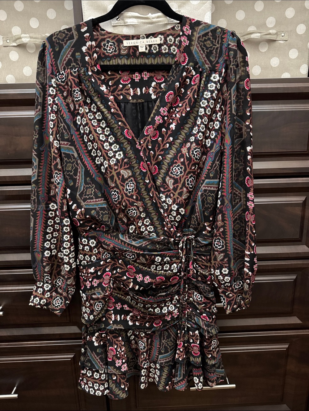 Veronica Beard Black Floral Patchwork Wrap Dress with Pink & Teal Accents